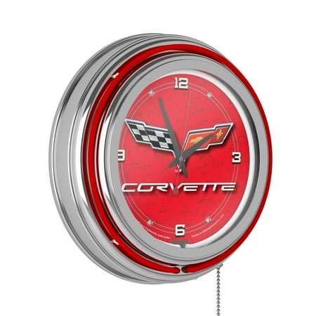 Corvette C6 Red Retro Neon Analog Wall Clock with Pull Chain