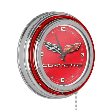 Corvette C6 Red Retro Neon Analog Wall Clock with Pull Chain