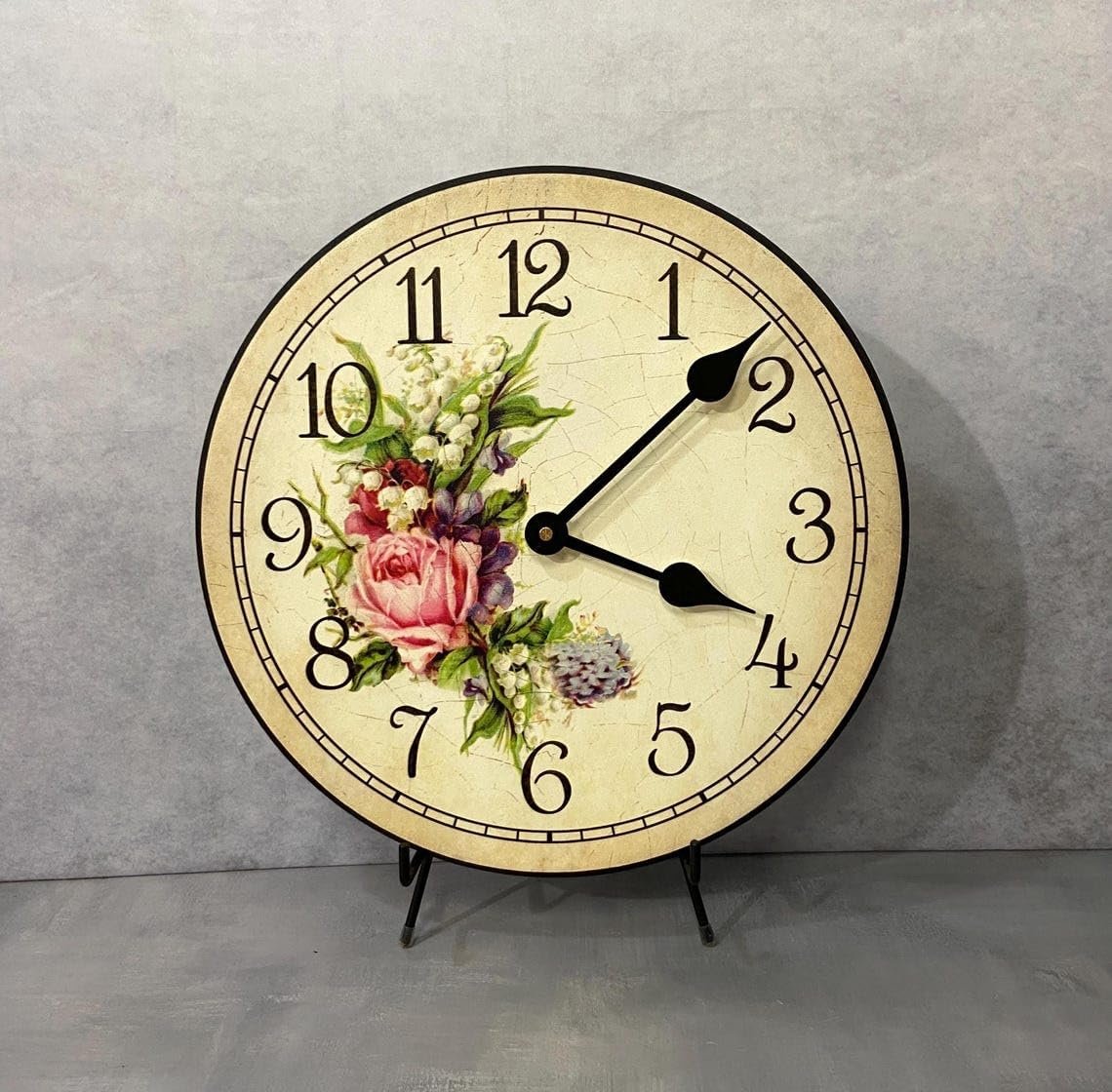 Country Floral, Large Wall Clock | Ultra Quiet Quartz Mechanism | Hand Made in USA Beautiful Crisp Lasting Color | Comes in 8 Sizes | 24-Inch