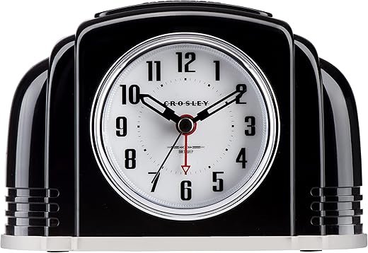 Crosley Vintage Art Deco Analog Alarm Clock, Quiet Sweep Non-Ticking, Automatic Dimmable Smart Light, Simple Controls, (Black)