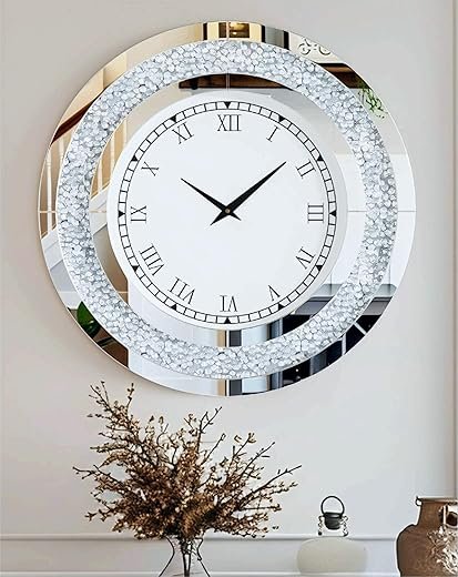 Crushed Diamond Wall Clock: 24 inch Round Decorative Mirrored Clock with Silver Glass Beveled Mirror Edge Frame and Bling Diamonds, Art Deco Home Modern Decoration for Livingroom