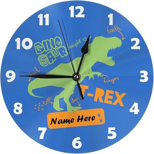 Custom Cute Green Dinosaur T-Rex Wall Clock for Kids Room, Personalized Kid Name Wall Clock Birthday Gift, Customized 10 inch Round Clock Children Room Decor for Boys Girls