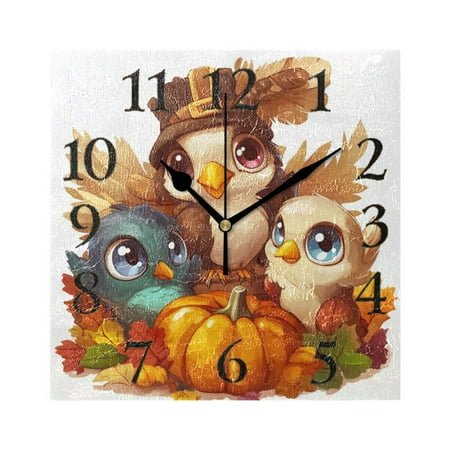 Cute Birds Leaves Maple Pumpkins Autumn Square Wall Clock Battery Operated Easily Read Black Pointer Home Decor for Living Room Bedroom 7.78 x 7.78