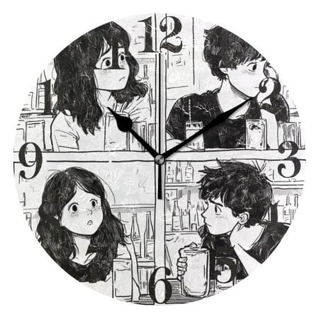 Cute Girl and Boy in Bar Round Wall Clock Battery Operated Silent Non-Ticking Bedroom Office Kitchen Home School Decor 10(Black)