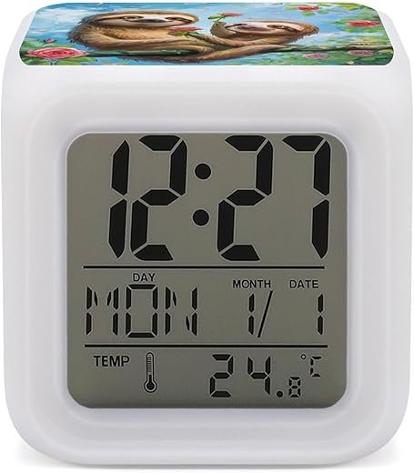 Cute Sloths & Flowers Funny Digital Alarm Clock Cube 7 Colors Clock LED Change Glowing Desk Clocks for Home Decor