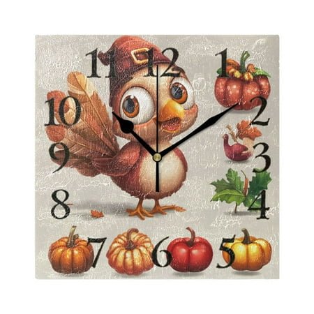 Cute Turkey Pumpkins Leaves Thanksgiving Square Wall Clock Battery Operated Easily Read Black Pointer Home Decor for Living Room Bedroom 7.78 x 7.78