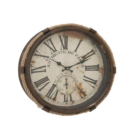 DecMode 17 Brown Metal Wall Clock with Rope Frame and Distressed Cream Clockface