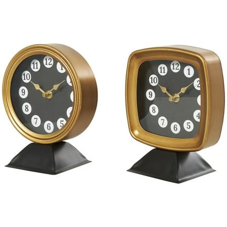 DecMode 8 Gold Metal Round and Square Tabletop Clock with Black Bases and White Circle Hour Markers, Set of 2