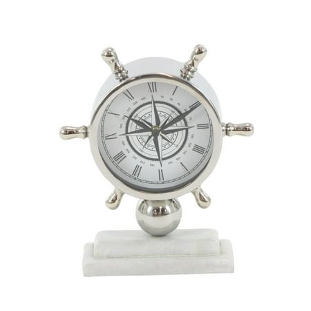 DecMode 8 Silver Stainless Steel Metal Ship Wheel Clock with Marble Base