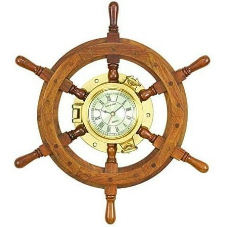 Deco 79 Benzara 01193 Wood Ships Wheel Clock Unique Country Home Decor, 20