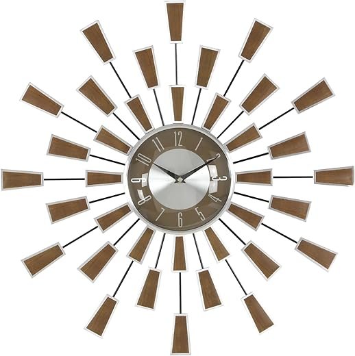 Deco 79 Metal Decorative Wall Clock Starburst Wall Clock for Home with Silver Accents, Wall Clock for Room 22" x 3" x 22", Brown