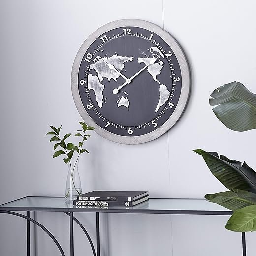 Deco 79 Metal Decorative Wall Clock World Map Wall Clock for Home, Wall Clock for Room 25 x 2 x 25, Black