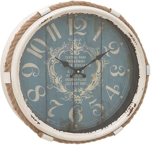 Deco 79 Metal Scroll Decorative Wall Clock Wall Clock for Home with Distressed White Frame and Rope Accent, Wall Clock for Room 17" x 2" x 17", Blue