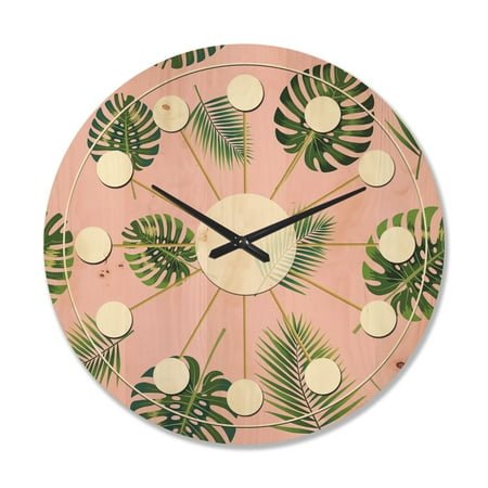 Designart 'Palm Tropical Leaves Retro Pattern' Mid-Century Modern Wood Wall Clock