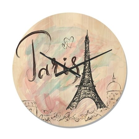 Designart 'Paris Eiffel Tower With Illustration II' Modern Wood Wall Clock