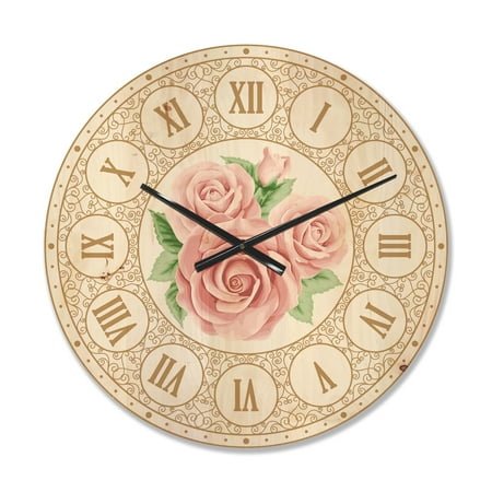 Designart 'Three Pink Roses Shabby Chic Vintage ' Modern Wood Wall Clock