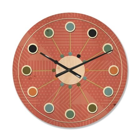 Designart 'Triangual Coral Retro Pattern' Mid-Century Modern Wood Wall Clock