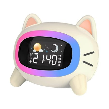 DESIGNICE Alarm Clock Cute Kids Alarm Clock with Sleep Training and Sound Machine Cat Design Digital Clock for Bedroom White