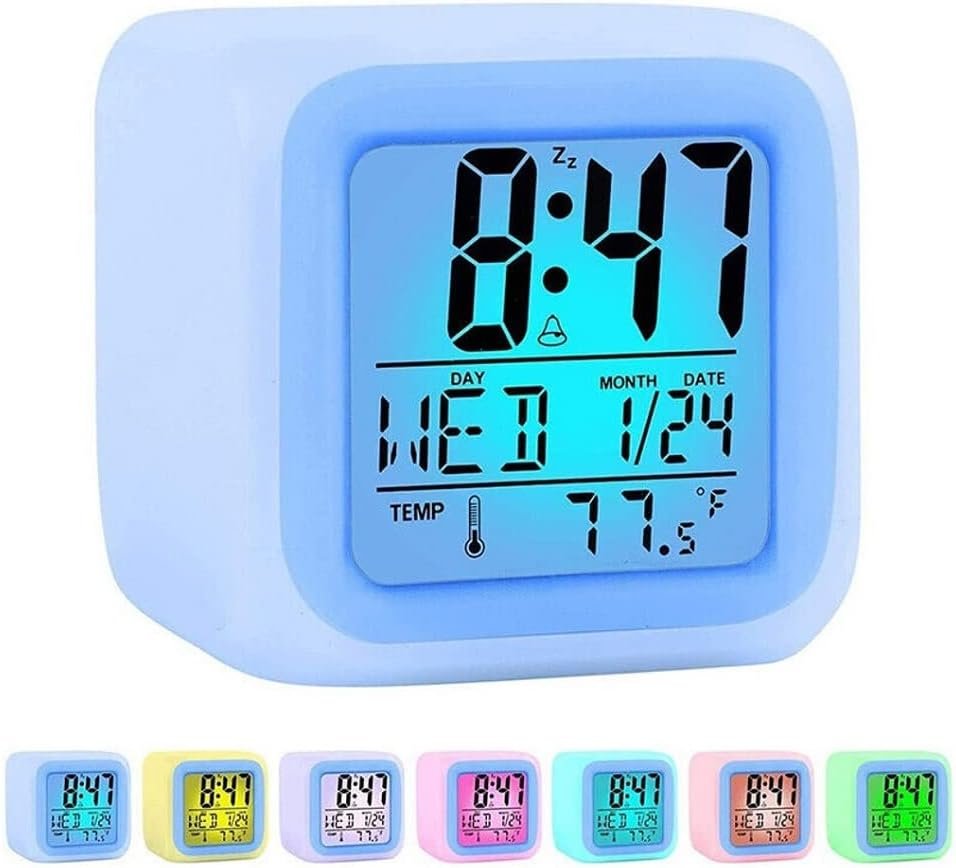 Digital Alarm Clock for Bedroom, 3 Inch Cubic Clock with Snooze, 7 Color Nightlight, Date Display, Temperature Detect, 12/24H, Battery Operated, Easy to Set, Digital Calendar Alarm Clock