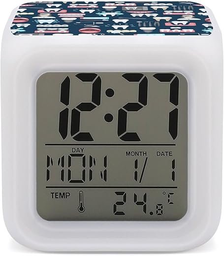 Digital Alarm Clock Teeth Dental Seamless Pattern Desk Table Clock, 7 LED Color Changing Cube Clock Glowing Colorful Digital Alarm Clock for Adults Girls Boys