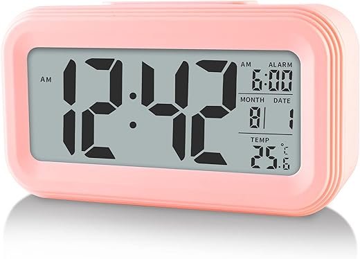 Digital Alarm Clock with Indoor Temperature, Battery Operated,Snooze Model,12/24H Display for Bedrooms Heavy Sleepers Kids Travel Bathroom Desk Smart Clock, Pink