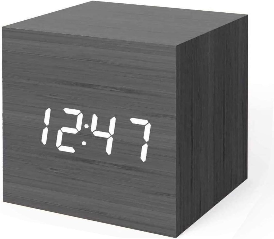 Digital Alarm Clock, with Wooden Electronic LED Time Display, Wooden LED Light Mini Modern Cubic Clock Display time and Date Temperature for Children, Bedroom, Home, Dormitory, Travel