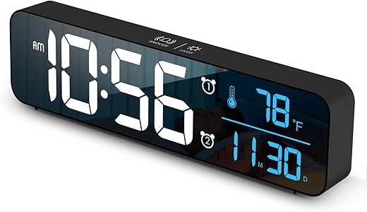 Digital Clock, Clock for Bedroom, Clocks for Living Room Decor, Desk Table Clock, Alarm Clock Large Display with Date Week Temperature, Automatic Brightness Dimmer, Smart Cool Modern (Black Blue)