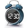 Digital Small Alarm Clock, 4.5 Inch Double Bell Electronic LED Alarm Clock, Plug in or Battery Operated Silent Metal Alarm Clock, Bedside Loud Alarm Clock for Heavy Sleepers Adults Kids (Blue)