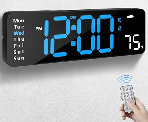 Digital Wall Clock with Remote Control, Large Display Plug in LED Digital Alarm Clocks with 12/24Hr, Date, Week, DST, Timing, Countdown, Temperature for Living Room, Bedroom, Office Wall Decor (Blue)