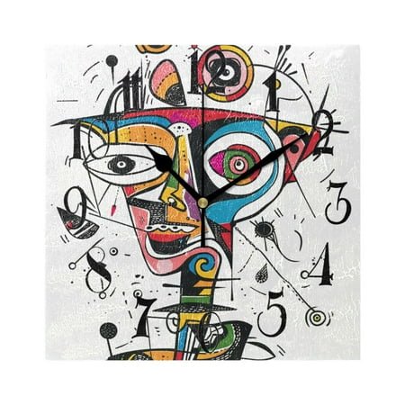 Doodle Face Abstract Wall Clock Decorative Square Silent Non-Ticking Operated Clocks Aesthetic for Bedroom Living Room