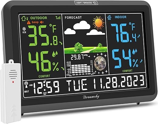 DreamSky Weather Station Indoor Outdoor Thermometer Wireless with Digital Atomic Clock for Home, Large Display with Adjustable Backlight, USB Port, Inside Outside Temperature Humidity Monitor