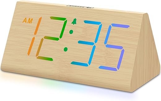 DreamSky Wooden Digital Alarm Clock for Bedroom - RGB Electric Desk Clock with Large Numbers, USB Port, Loud Alarm for Heavy Sleepers, Dimmer and Volume Control, Snooze, 12/24H, Wood Décor