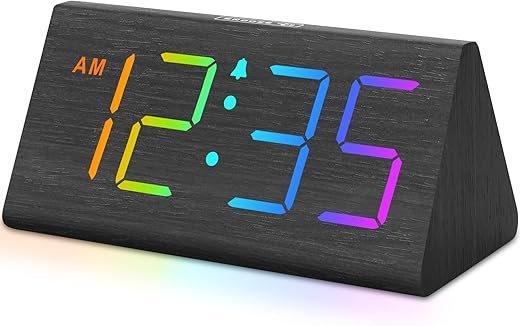 DreamSky Wooden Digital Alarm Clock for Bedroom - RGB Electric Desk Clock with Large Numbers, USB Port, Loud Alarm for Heavy Sleepers, Dimmer and Volume Control, Snooze, 12/24H, Wood Décor