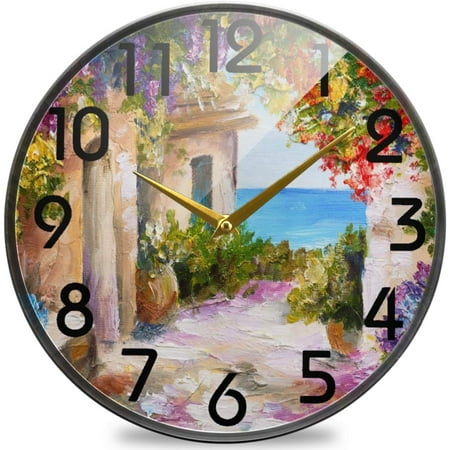 Dreamtimes Chic Beautiful House Near Sea Colorful Flower Print Round Wall Clock, 12 Inch Silent Battery Operated Quartz Analog Quiet Desk Clock for Home,Office,School,Cafe