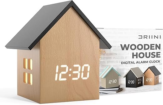 Driini Digital House-Shaped Alarm Clock with Temperature Display (Light Wood) – Modern Aesthetic - Cute Cube Frame and White LED Dimmer - Perfect Large Desk Clock for Bedside Table or Bedroom Mantle