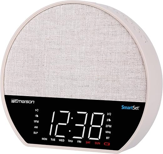 Emerson CKSS7071 Sunrise Smartset Alarm Clock Radio with 1.2 LED Display, White Noise, 6 Soothing Sounds, 8-Color Dimmable LED, Bluetooth Speaker, White