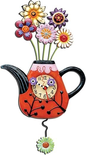 Enesco Allen Designs Flower Teapot Wall Clock - Battery Operated Pendulum Analog Clock, Stone Resin Decorative Clocks for Walls Home Decor Kitchen Clocks, 12.4 Inch