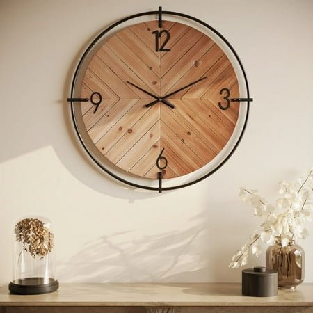 Evelyn Brown Herringbone Wood Round Wall Clock