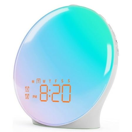 Fakrich Sunrise Alarm Clock Wake Up Light, Alarm Clock with Sunrise Simulation, 18 Colors Night Light, 7 Soothing Sounds, FM Radio, Dual Alarms, Loud Alarm Clock for Heavy Sleepers（Standard Edition）