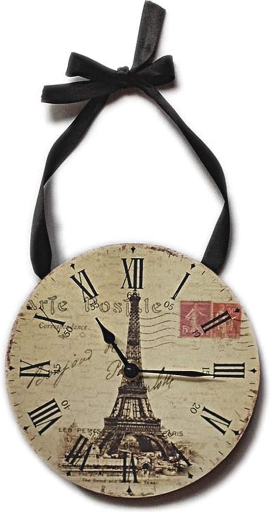 Fashioncraft Wall Clock Eiffel Tower With Postmark Design, Round, 6 3/4 Inches in Diameter