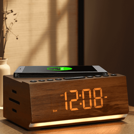 FM Radio Clock, Bluetooth Speaker, Wireless Fast Charging,Dual Alarm,Sound Controlled Smart LED Dimmer Night Light,Time 12/24 , Calender Display.