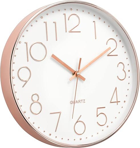 Foxtop Modern Wall Clock 12 Inch Non-Ticking Silent Battery Operated Round Quartz Rose Gold Wall Clock for Office Bedroom Living Room Kitchen Home School Decor