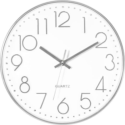 Foxtop Silver Wall Clock Silent Non-Ticking Battery Operated Round Modern Wall Clock for Office School Home Living Room Bedroom Bathroom Kitchen Decor 12 inch