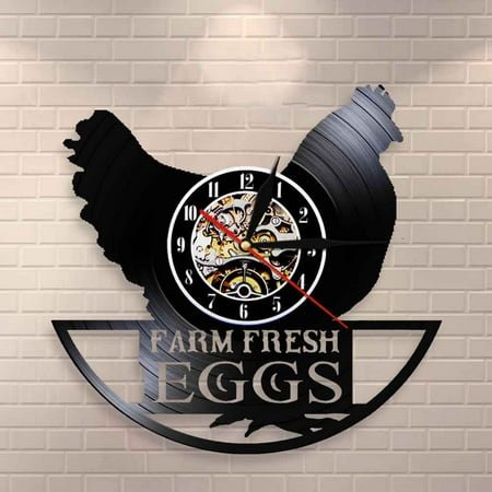 Funny Chicken Silhouette Wall Clock Farm Fresh Eggs Farmhouse Style Rooster Vintage Record Wall Clock Modern Animal Wall Decor