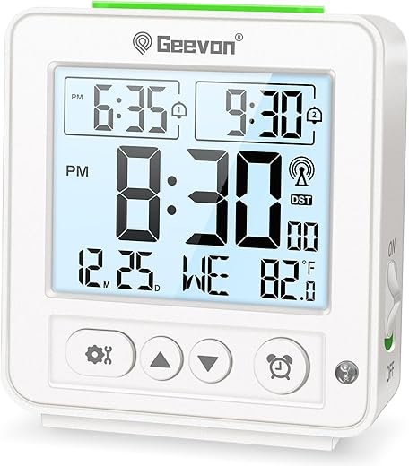 Geevon Small Digital Atomic Alarm Clock for Bedroom, Travel Table Clock with Auto/8s Backlight, 2 Alarm, Temperature, Desk Clock Battery Operated for Deep Sleepers Kids Elderly Home Office, White