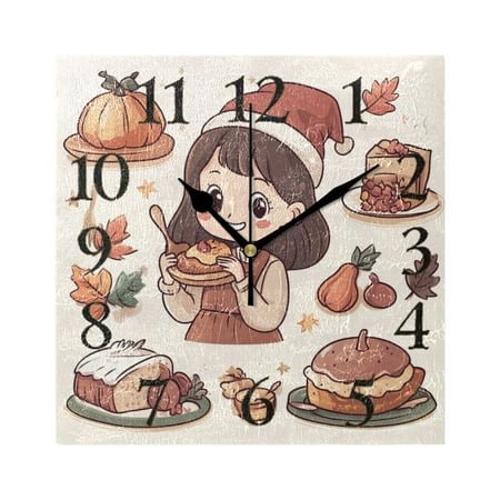 Girl Making Pumpkin Pie Thanksgiving Square Wall Clock Battery Operated Easily Read Black Pointer Home Decor for Living Room Bedroom 7.78 x 7.78