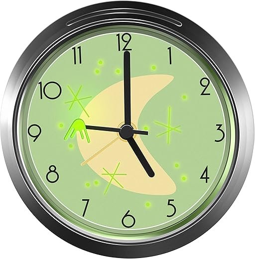 Glow in The Dark Sputnik Satellite Silent Retro Alarm Clock, Non Ticking Vintage Alarm Clock, Outer Space Décor – Green/Yellow with Chrome Finish