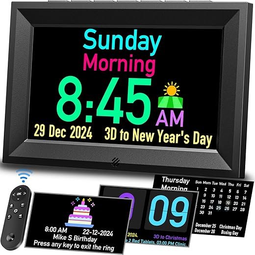 GOLOZA 7'' Digital Calendar Clock, Talking Clock with 10 Volumes, 6 Display with 10 Color Modes, Auto Dimmable, Alarms & Birthday & Holiday Reminders, 3 Pill Reminders Clock for Kids Adults Seniors