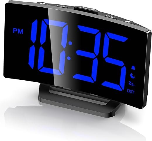 GOLOZA Digital Alarm Clock for Bedrooms with Modern Curved Design, Conspicuous Blue LED Numbers, 6 Levels Brightness, 2 Volume, 3 Alarm Tones, Snooze, Power-Off Memory, 12/24H, Bedside Clock