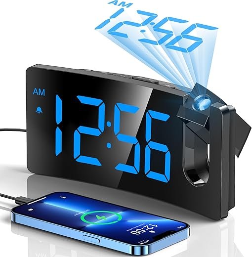 GOLOZA Projection Alarm Clock, Digital Clock with 180° Rotatable Projector, 3-Level Brightness Dimmer, Clear LED Display, USB Charger, Progressive Volume, 9mins Snooze,12/24H, for Bedroom